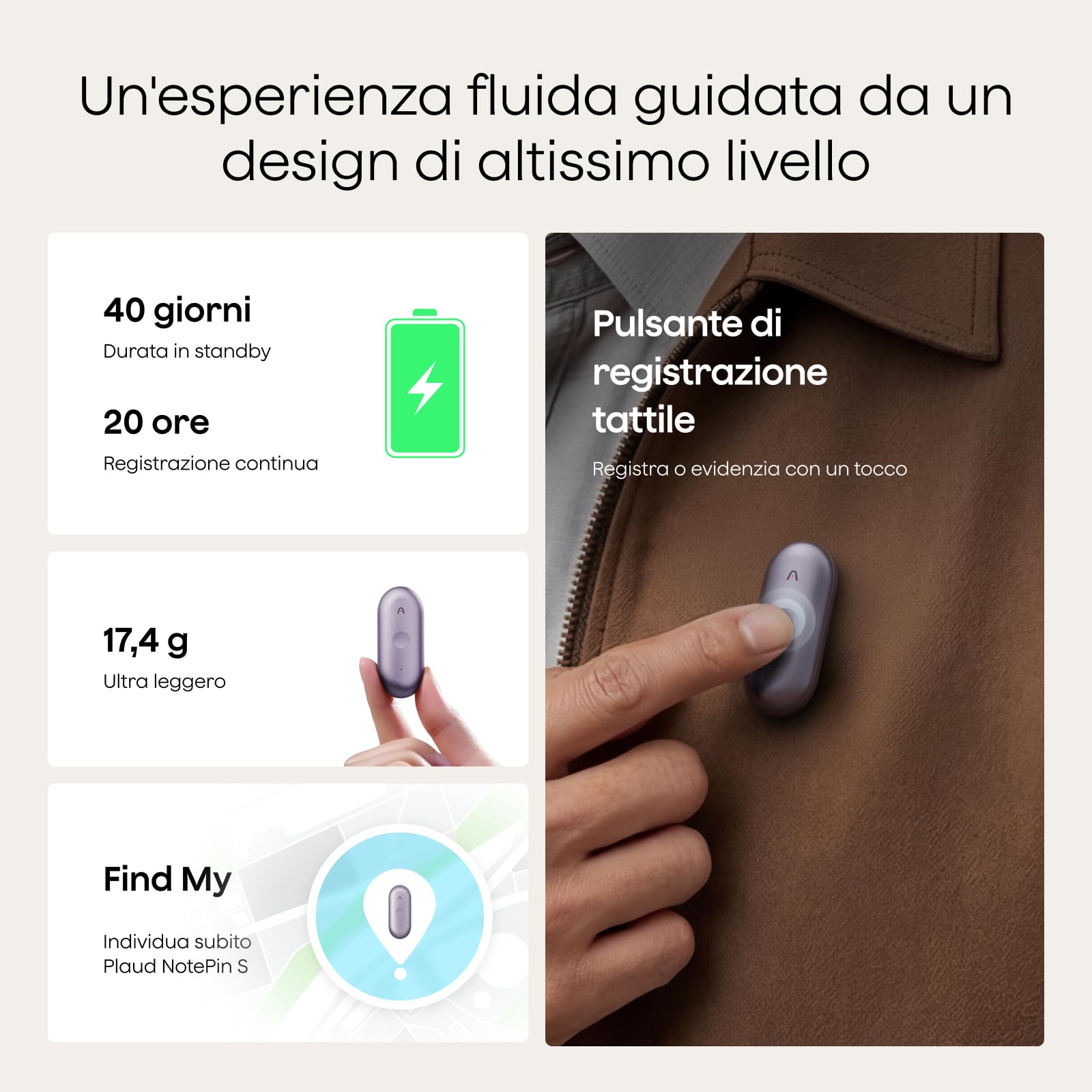 Plaud NotePin S Registratore Vocale AI Pulsante di Registrazione Tattile Audio Digitale Trascrizione Riepilogo Appunti Per Professionisti Riunioni Lezioni con 4 Accessori, Teams, Viola