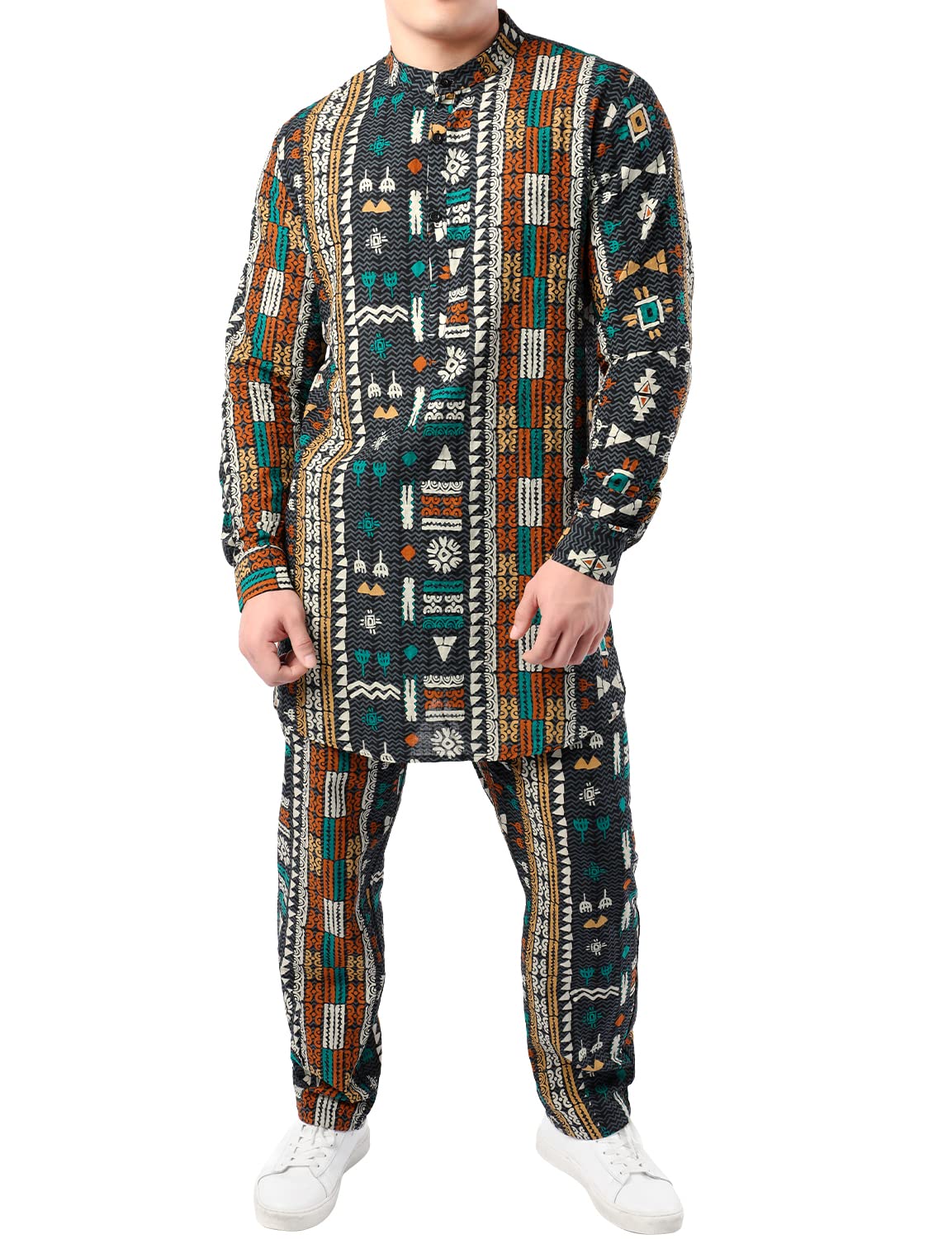 Mens Floral Henley Long Sleeve Tracksuits Hippie Casual Shirts and Pants 2 Piece Set