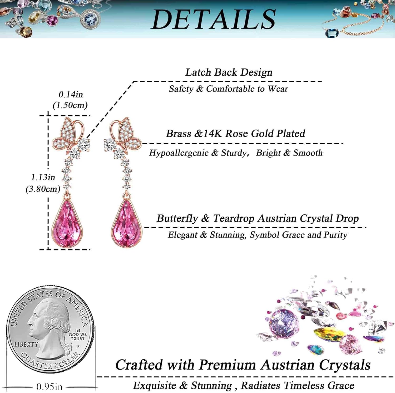 Cute Butterfly Austrian Crystal Teardrop Dangle Earrings for Women Trendy Drop Earring 14K Gold Plated Hypoallergenic Jewelry - Image 5