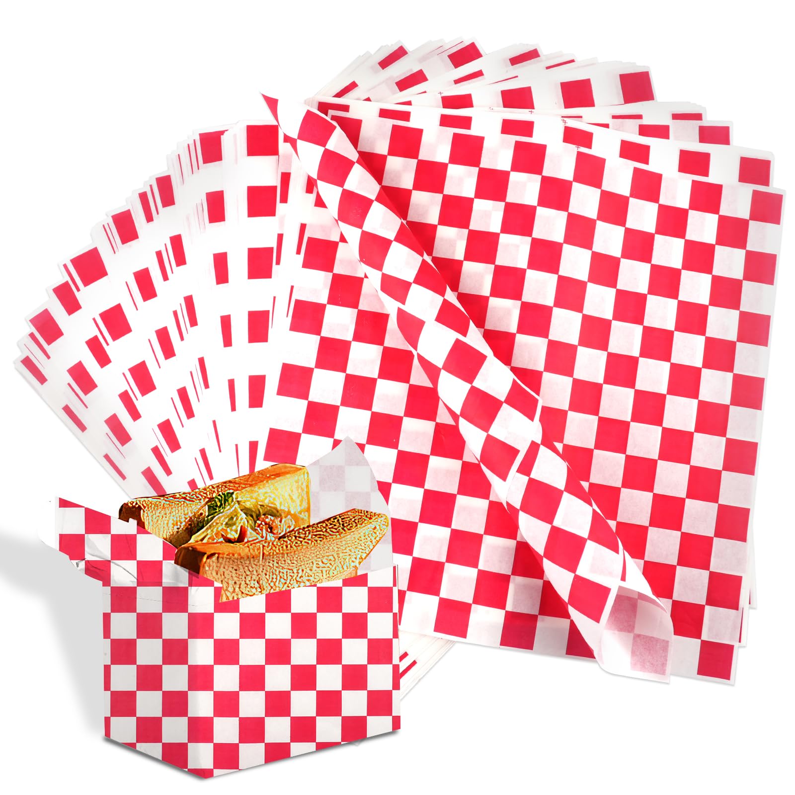 100 Sheets Greaseproof Paper Sheets, 12x12 inch Oil-Proof Food Grade Wrap Paper, Checkered Basket Liner, Waterproof Wax Papers for BBQ Hamburgers Sandwich Cake Wrapping Tissue