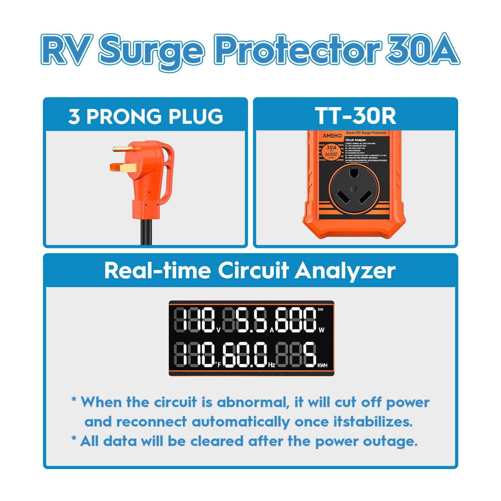 Protector de sobretensiones para caravana de 30 amperios con visualización LED en tiempo real, visualización grande, voltaje de corriente KWH, analizador de circuito de apagado automático