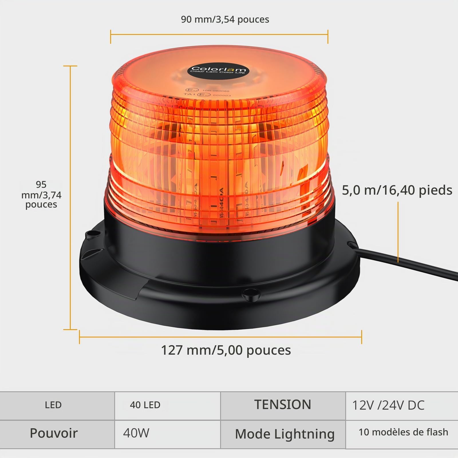 Gyrophare Clignotant Ambre 40W IP65 étanche et Magnétique, 40 LED 10 Modes de Clignotement, Homologation E-Mark pour camions, voitures et véhicules d'urgence 12V/24V