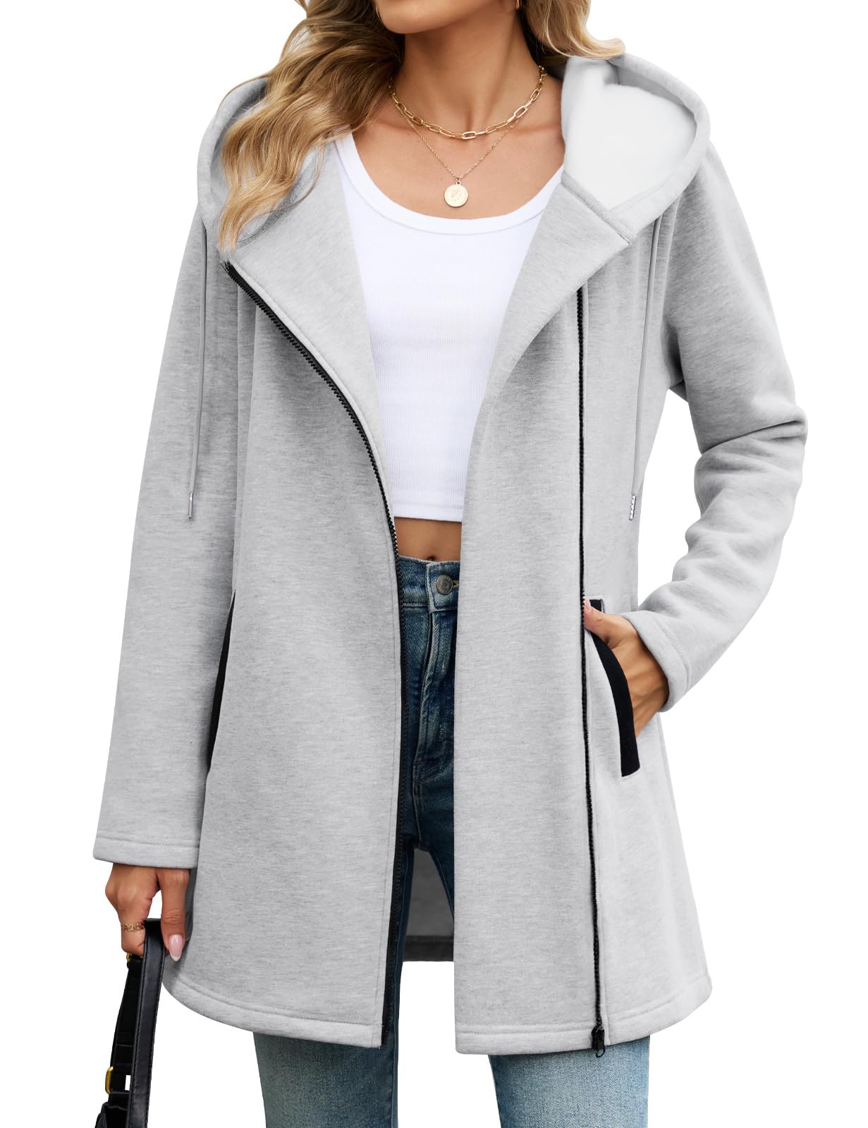 Damen Sweatjacke Lange Übergangsjacke mit Kapuze Fleecejacke Herbst Winter | Frühling Kapuzenpullover Reißverschluss Freizeit Kapuzenjacke Elegant Hoodie Jacke für Outdoor Alltags