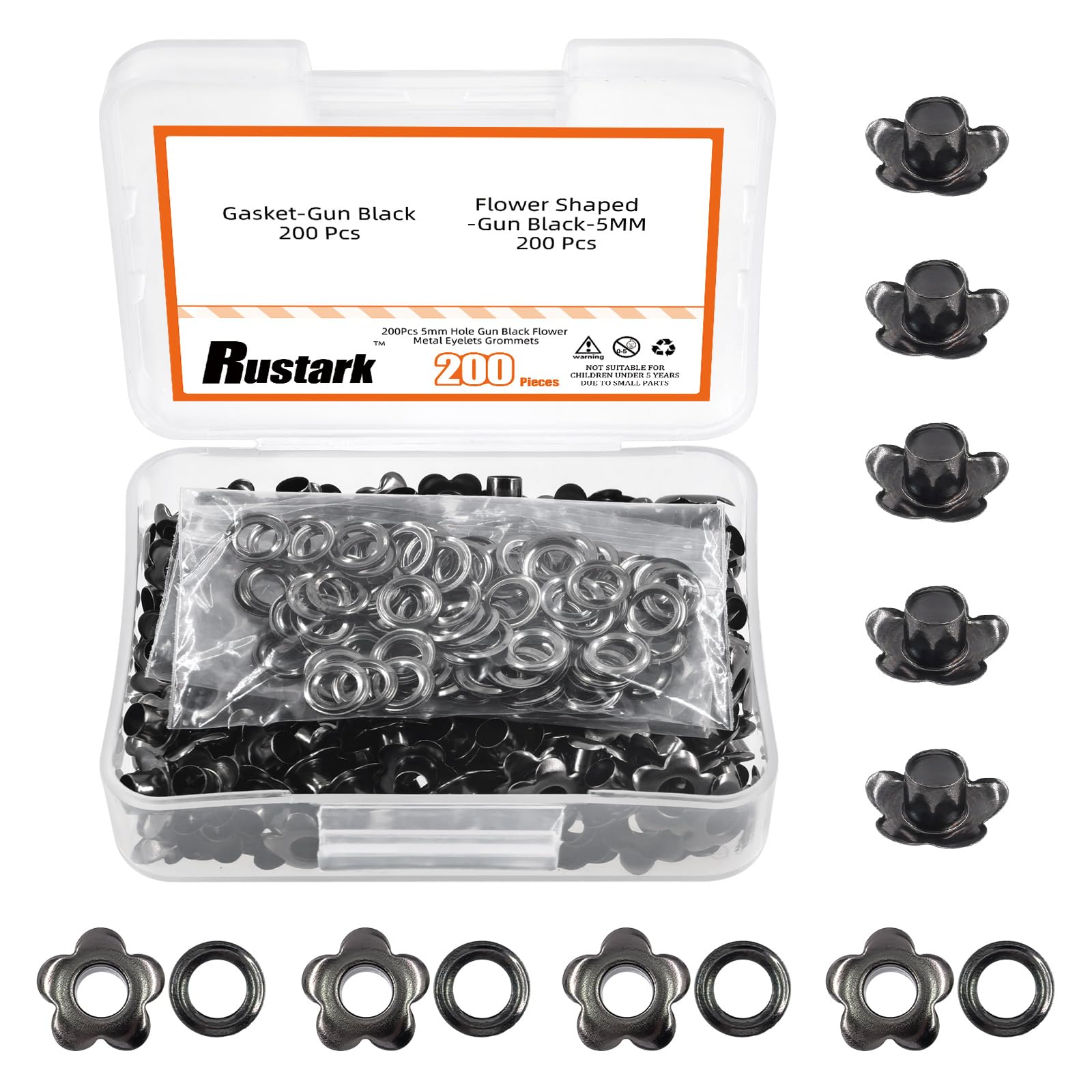 Rustark 200Pcs 5mm Black Flower Eyelet Grommets Assortment Kit Floral Metal Eyelets Grommets Flower Shaped Craft Eyelets Findings for Shoes Clothes Leather DIY Craft