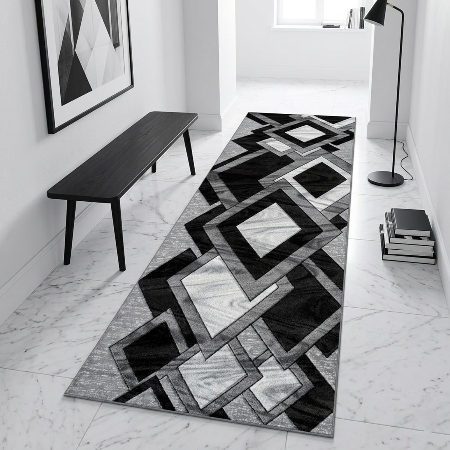PHP Runner Rugs for Hallway Kitchen Washable Runner Floor Rug - Geometric Pattern Design Heavy Duty Large Floor Rugs Living Room Kitchen Rug - 80 x 150 cm - Black — image 1