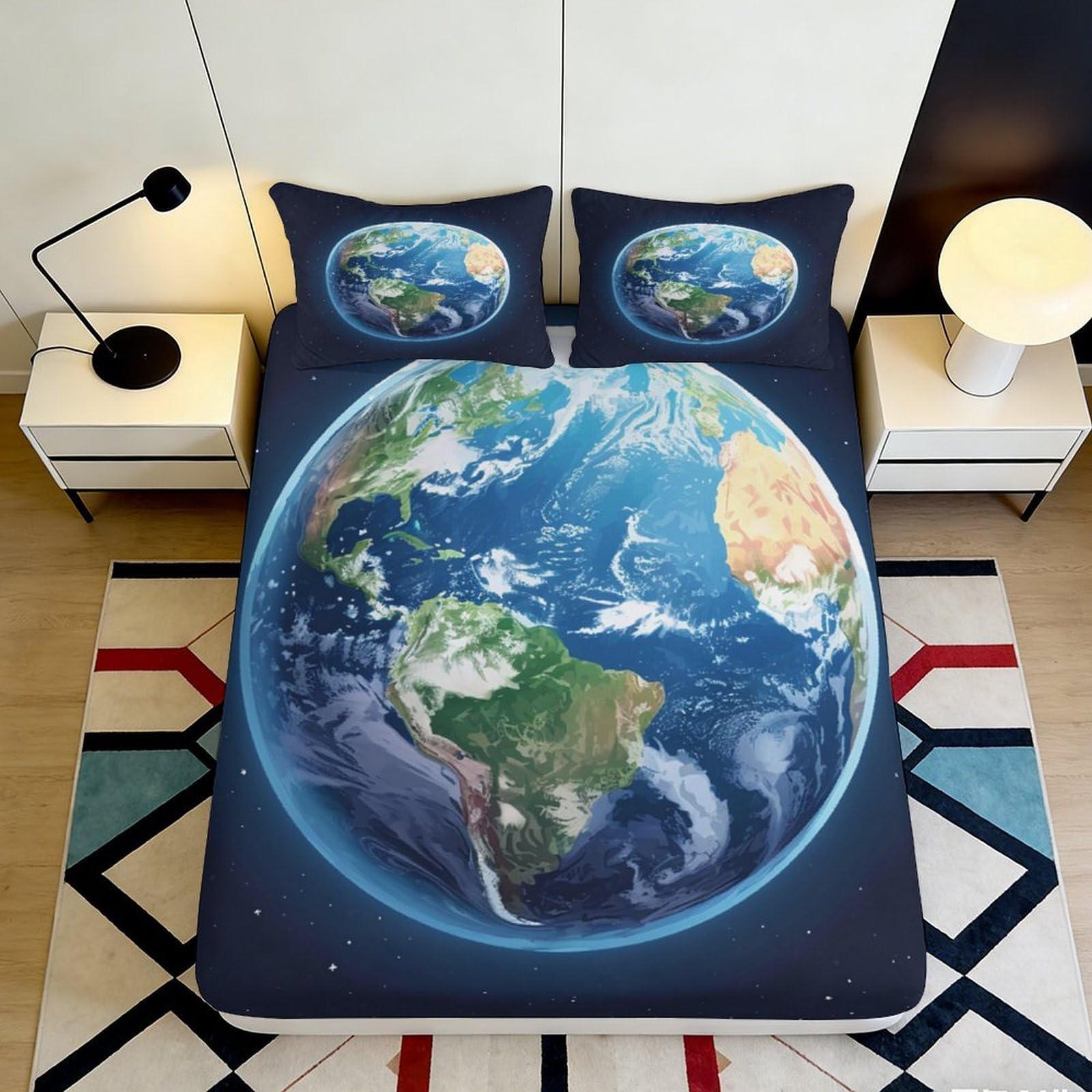 3D Printed Earth Globe Fitted Sheet Microfiber Soft Breathable World Map Bed Cover for Bedroom Dorm Mattress Protection Decor 90x200x25cm