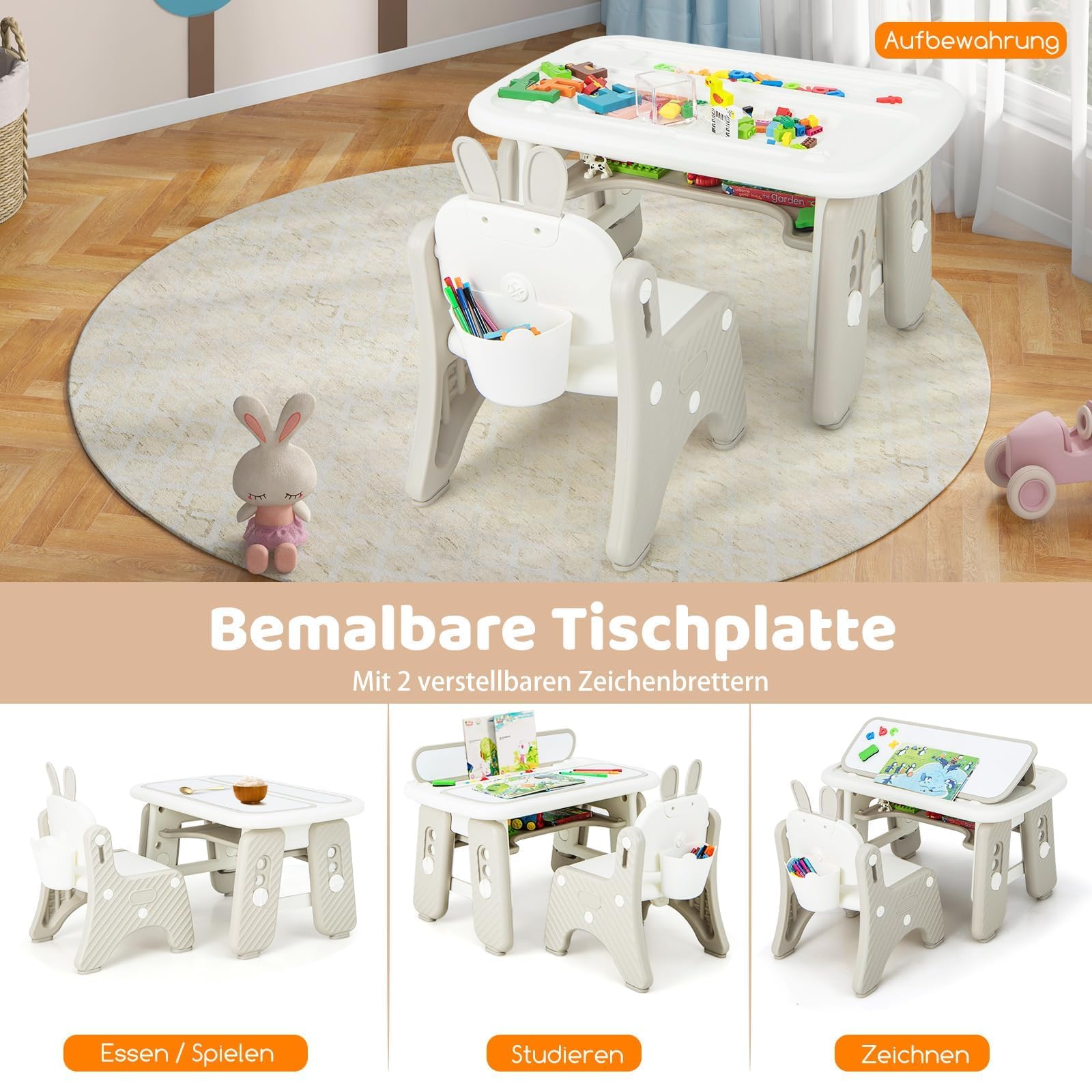 COSTWAY Kindertisch mit Stuhl, Kindersitzgruppe mit Stauraum, Kinder Tisch höhenverstellbar mit aufklappbarem Bücherregal & magnetischem Zeichenbrett, Maltisch für Kinder ab 1 Jahr