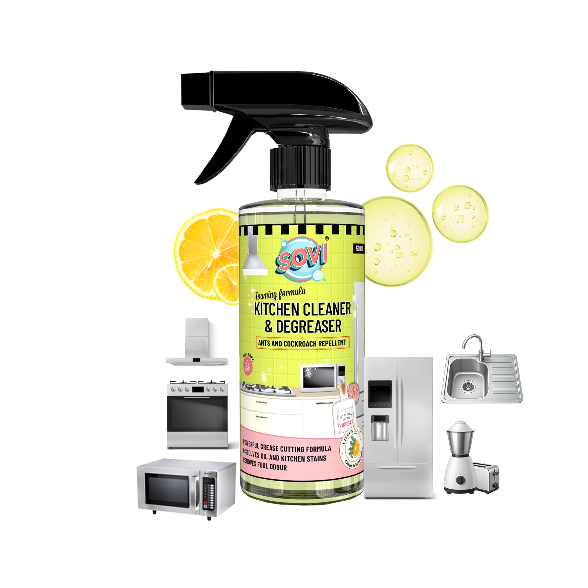 SOVI® Kitchen Cleaner & Degreaser | India's 1st Vinegar Formulation | Citrus | Ants & Cockroach Repellent | Suitable for Stoves, Chimneys, Counter Tops, Appliances, Cabinets, 500 ml (Pack1)-image-25