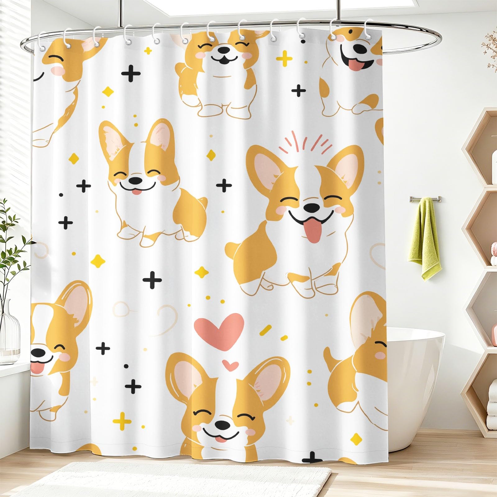 Urocza zasłona prysznicowa dla zwierząt domowych, 120 x 200 cm, kreskówkowe Corgi, serce, zasłony do wanny, biała, wodoodporna, odporna na pleśń, zasłony łazienkowe do dekoracji łazienki, z haczykami