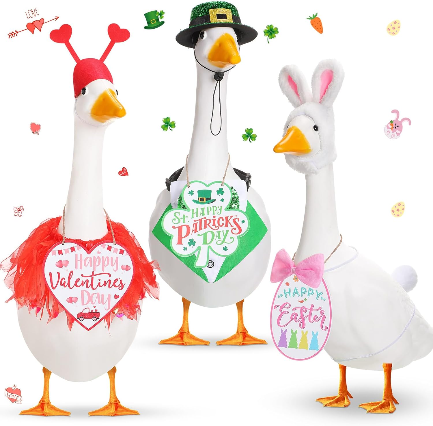 Weysat 3 Set Easter Bunny Lawn Porch Goose Costume St. Patrick's Day Goose Outfit with Holiday Wooden Sign for 23" /17'' Holiday Patio Yard Statue