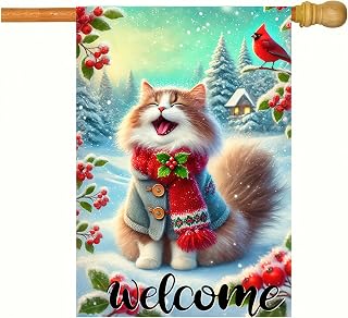 Welcome Garden Flag 12x18 Flag Winter Cat Garden Flag Christmas Festive Cat With Scarf And Cardinal Design Flag For Seasonal Yard And Garden Decor Lawn Outdoor Banner