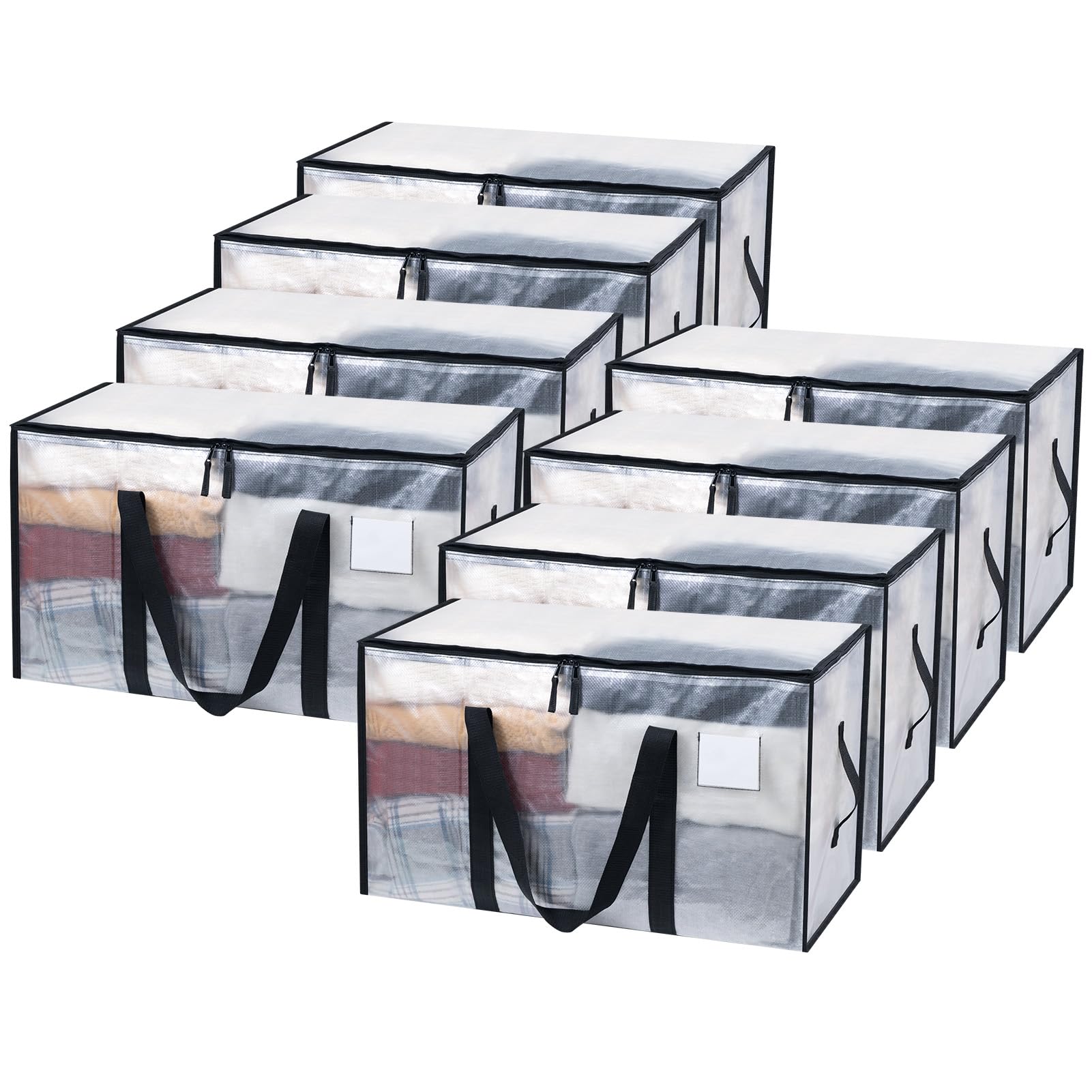 JOJOSEE 8 Pack Clear Clothes Storage Bags, 91L Heavy Duty Moving Bag, Transparent Large Wardrobe Organiser Packing Bags with Zips Lids for Duvet Toys (Clear, 8 Pack)