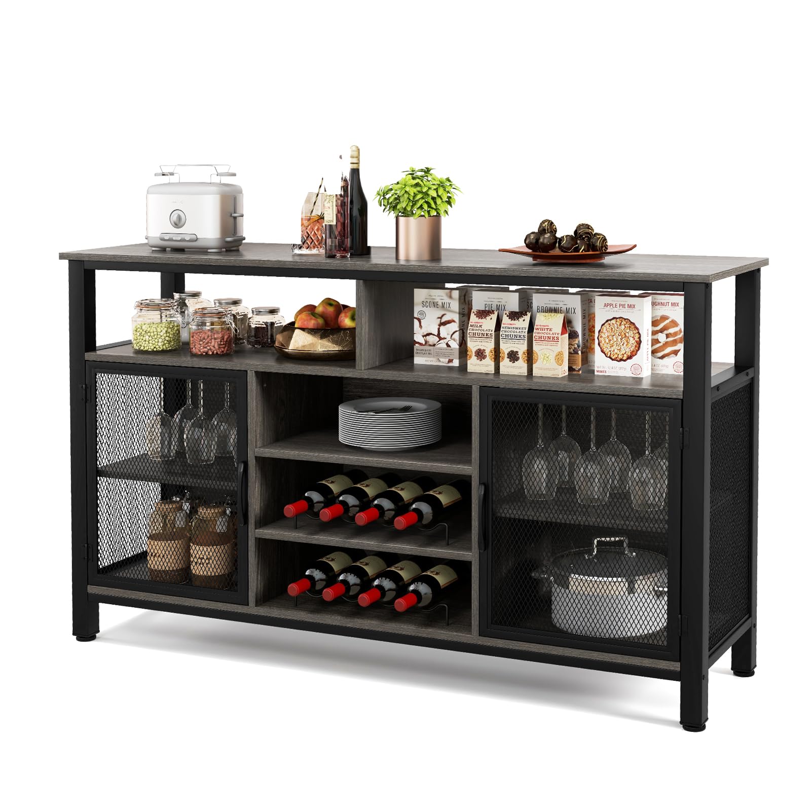 GIANTEX Credenza da Buffet, Mobilellto da Cucina con Portabottiglie e Portabicchieri, Porta TV per TV fino a 60" con 2 Armadietti con Anta, 3 Ripiani e 2 Scomparti Aperti, Nero/Grigio(Grigio)