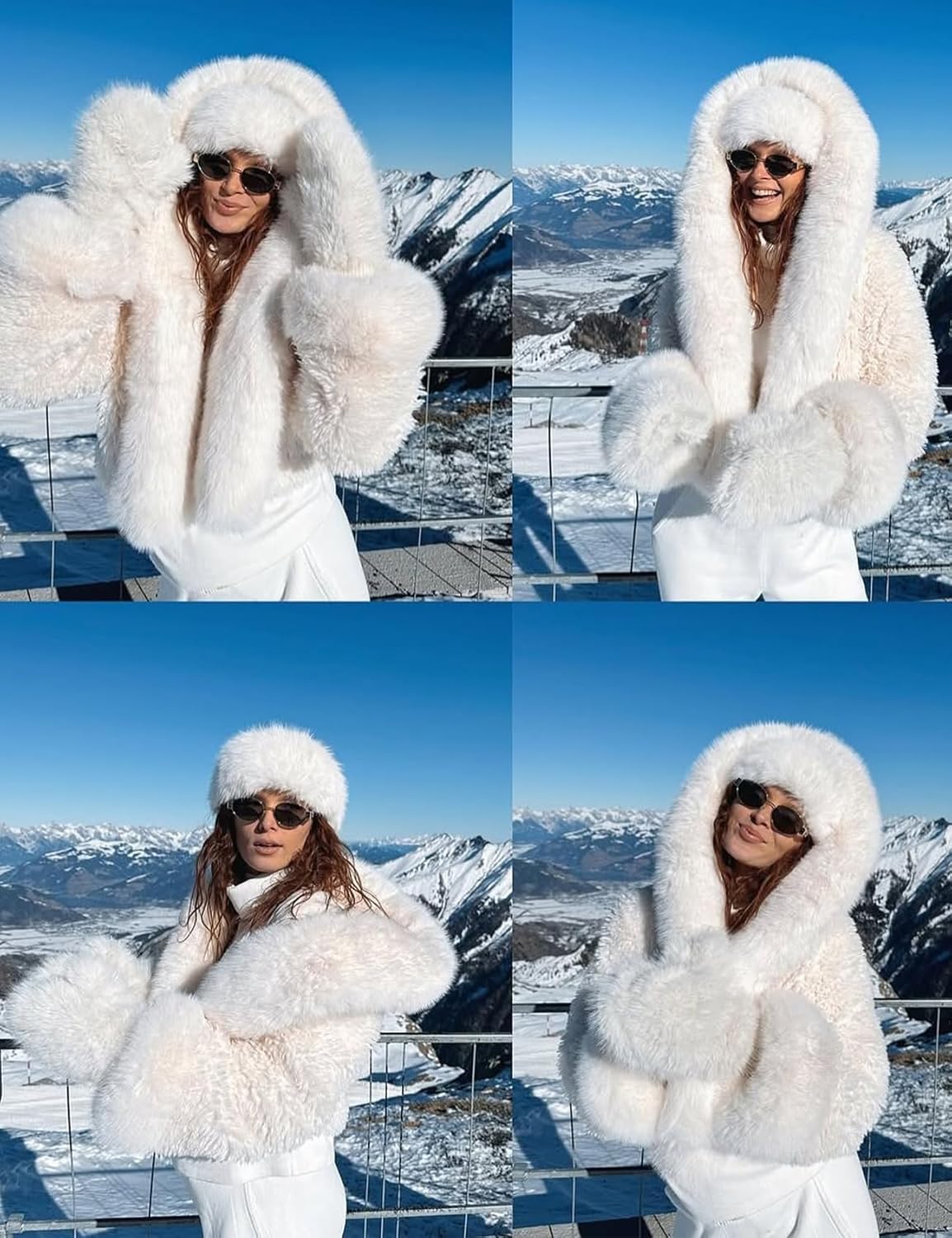 Wyeysyt Women's Faux Fur Coats with Hood Winter Warm Cropped Hoodie Jacket Long Sleeve Thick Short Outerwear with Pockets(Beige-L) - Image 4