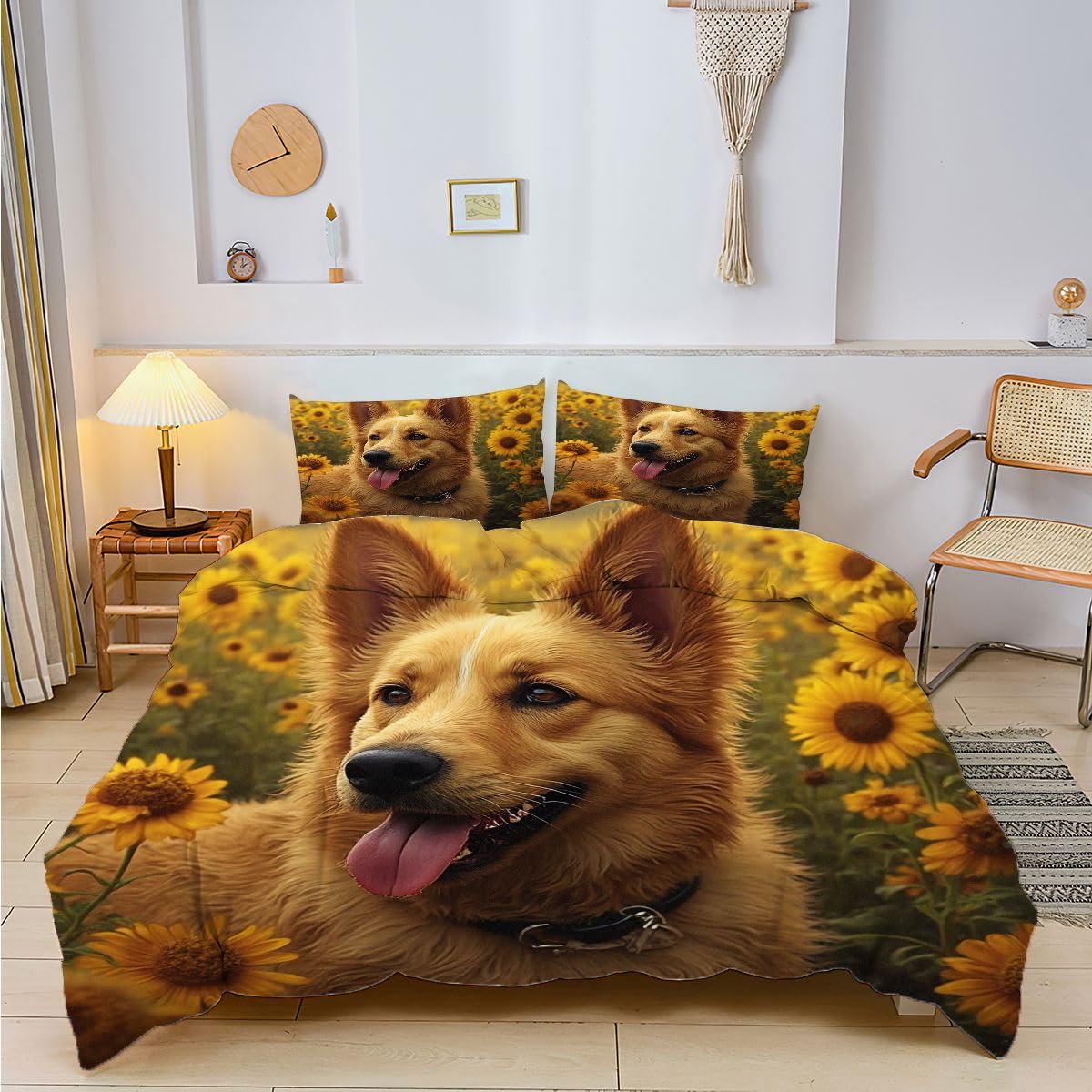 3-częściowy komplet pościeli 155 x 220 cm, dla nastolatków, z mikrofibry, z zamkiem błyskawicznym, 2 poszewki na poduszkę 80 x 80 cm, żółty pies