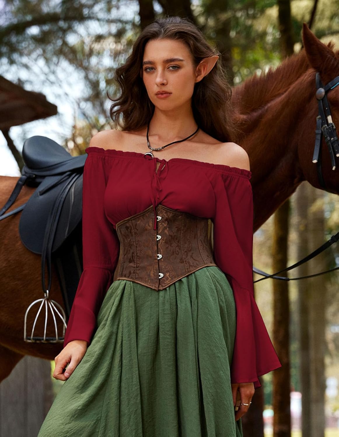 SCARLET DARKNESS Renaissance Shirt Women Peasant Blouse Bell Sleeve Off Shoulder Tops Pirate Costume - Image 4