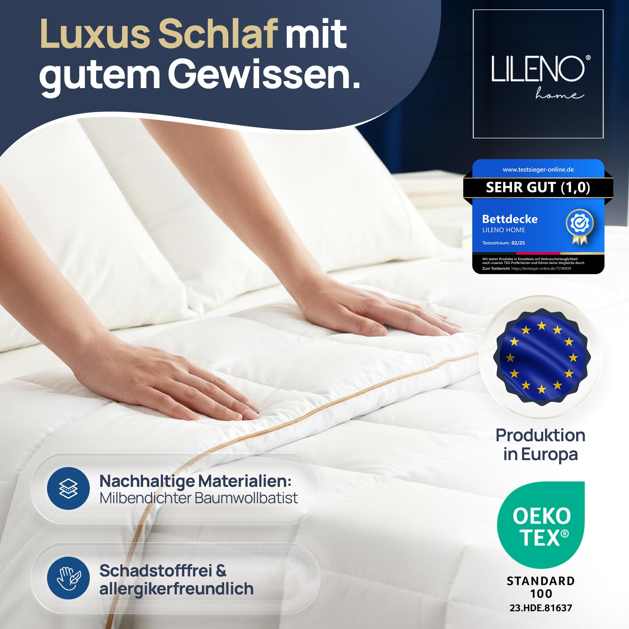 LILENO HOME Golden Elegance Steppbettdecke 135x200 – Wolkenweiche Allergiker Bettdecke 135x200 | 100% Baumwollbatist ohne Kältebrücken | Ganzjahresdecke | Oeko-Tex Klasse 1 | Hotel Qualität