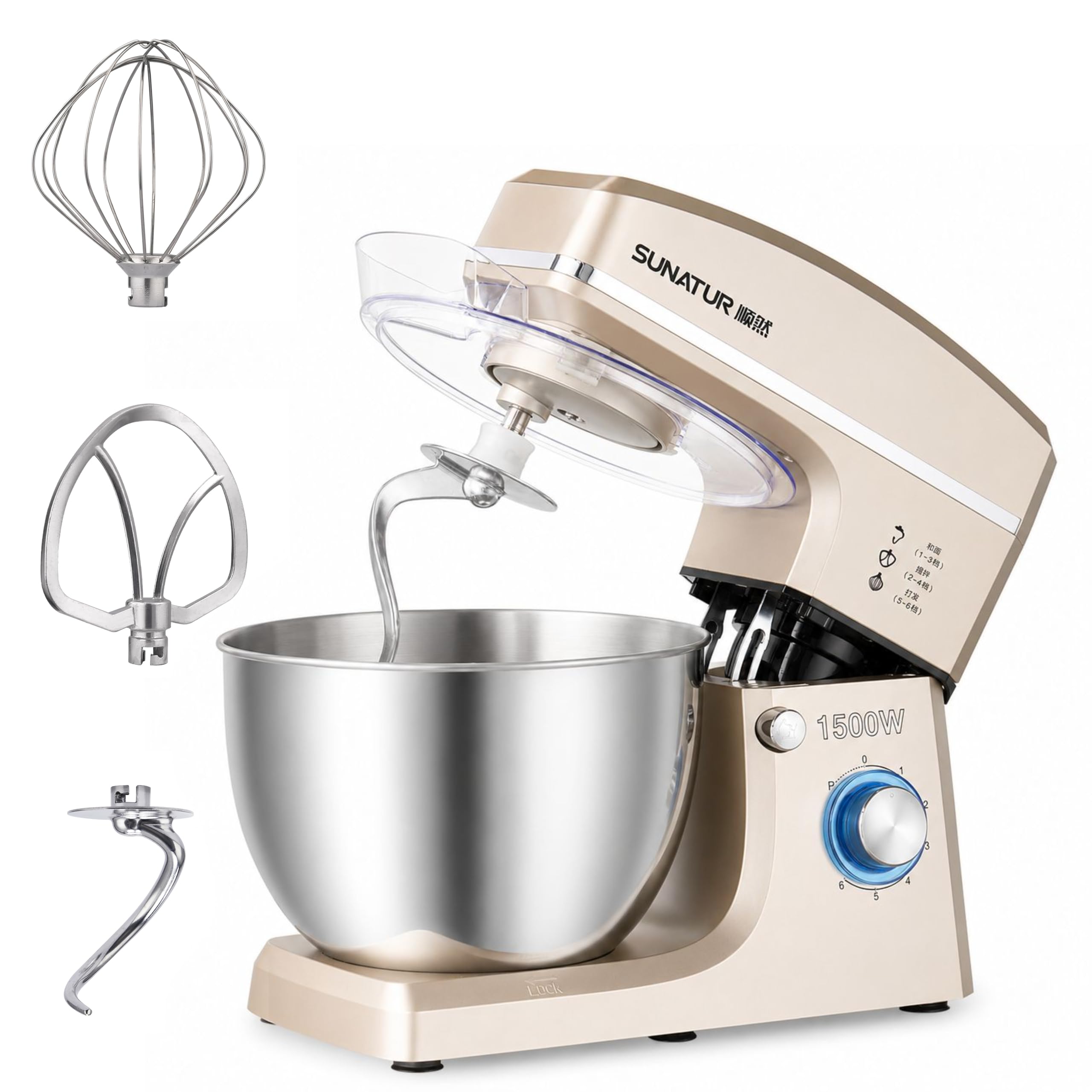 robot pâtissier, 8L, 1500W, 6 vitesses, batteur électrique de cuisine, tête de mixage inclinable et design antidérapant, bol de mixage en acier inoxydable. Livré avec 6 accessoires.