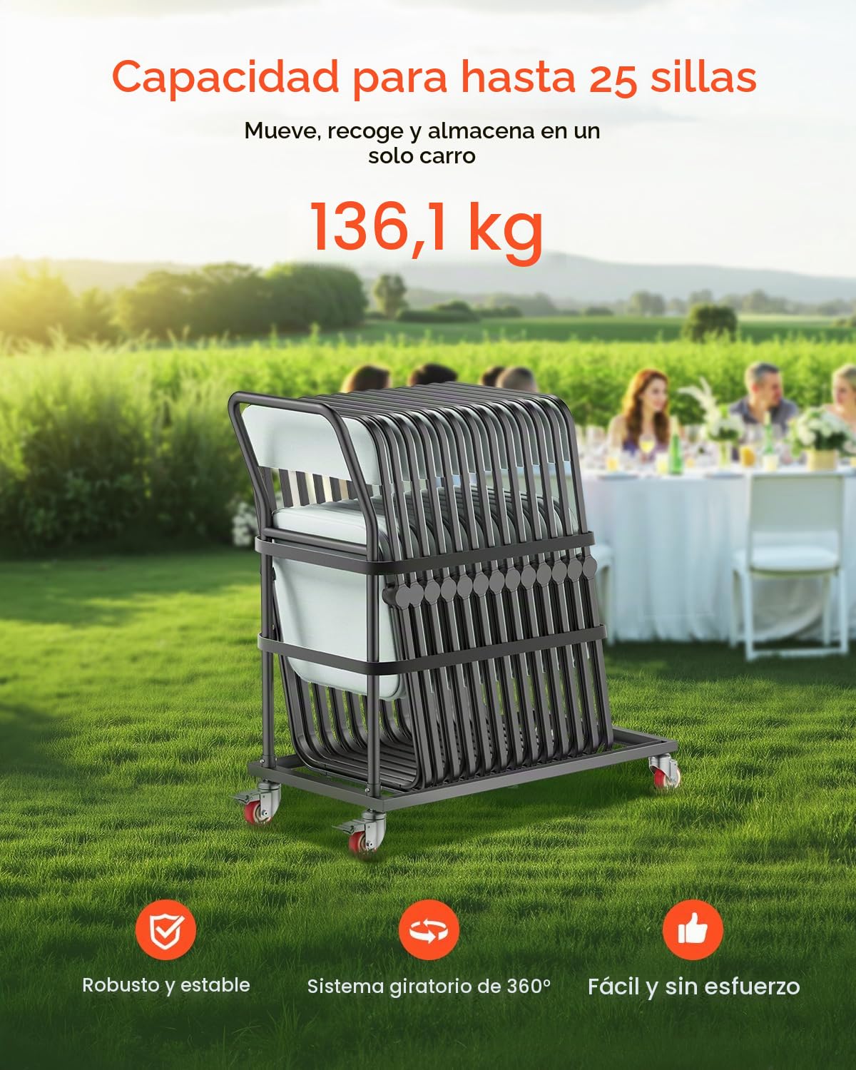 VEVOR Estante para Sillas Plegable, Capacidad de 136 kg, Carrito de Colocación Vertical en Forma de L para 25 Sillas, Carrito de Almacenamiento de Metal Resistente con Ruedas de Goma, Negro Mate