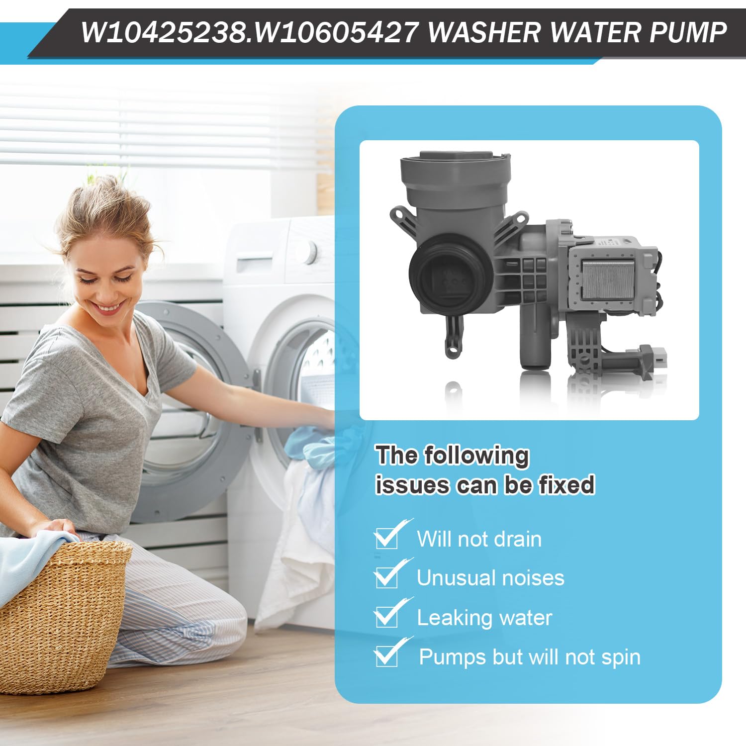 Washer Drain Pump Assembly - CKD918044X Compatible With Amana & Whirlpool W10799065 Replacement