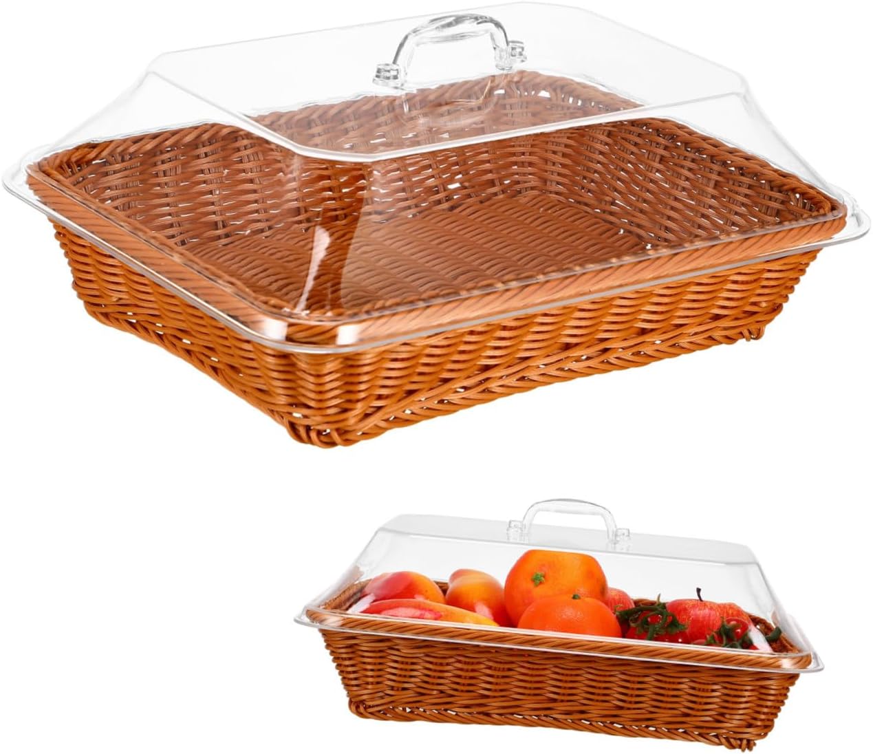 FUOYLOO Simulation Rattan Woven Bread Basket with Lid, Square 35x25x15cm Multipurpose Kitchen Fruit and Serving Basket for Picnic and Restaurant Use