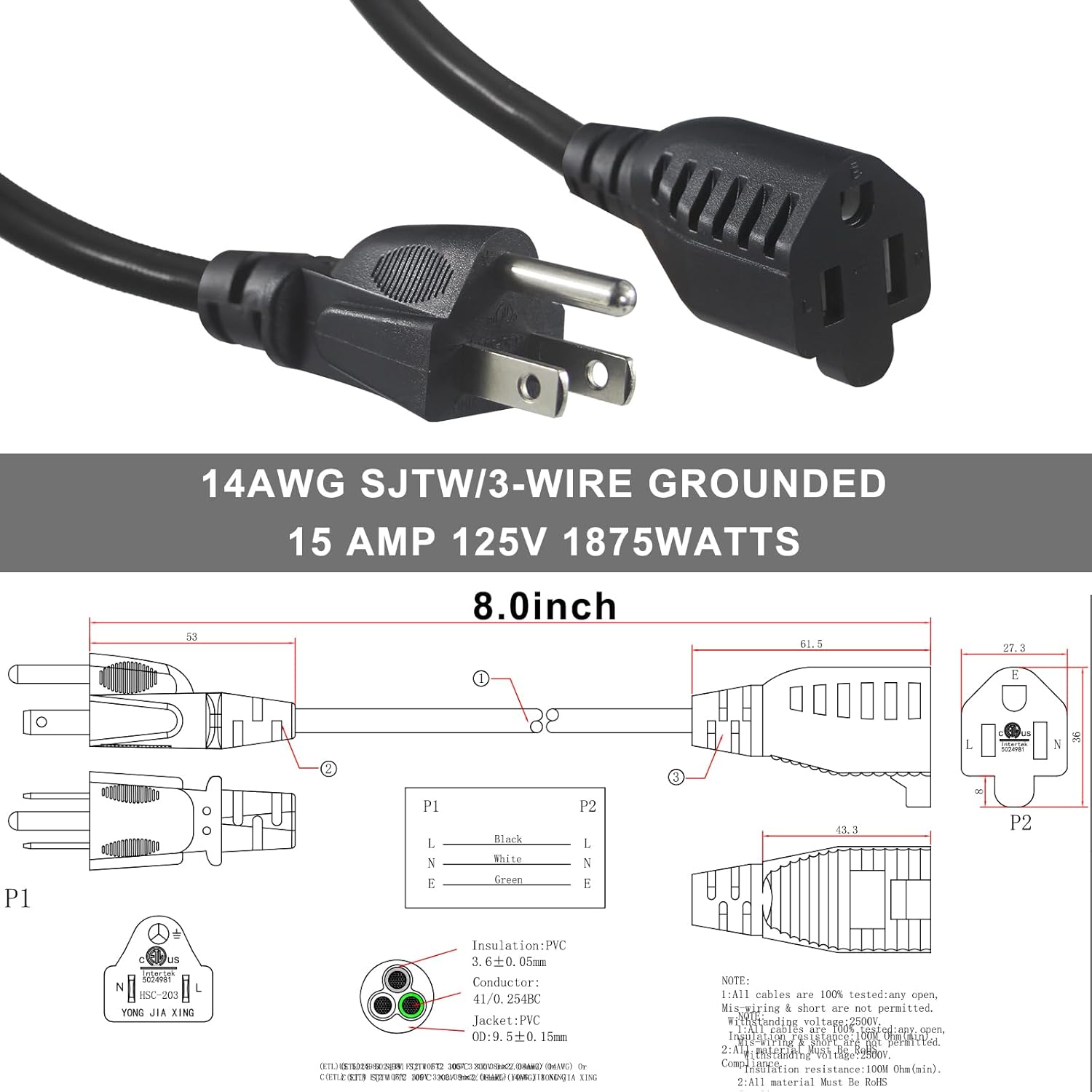 KUNCAN Short Power Extension Cord - 15A 6 Inch 3 Prong Outlet Saver, 1875W 14AWG/3C SJTW Heavy Duty Power Cord Extension Cable (NEMA 5-15P to NEMA 5-15R) Indoor/Outdoor Use, Black 2-Pack