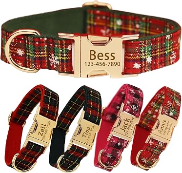 Christmas Personalized Dog Collar with Metal Buckle,Christmas Dog Collars Customized with Name Phone Number Fonts,Custom Collars Adjustable Sizes for Large Medium Small Dogs, Available Leash Bowtie