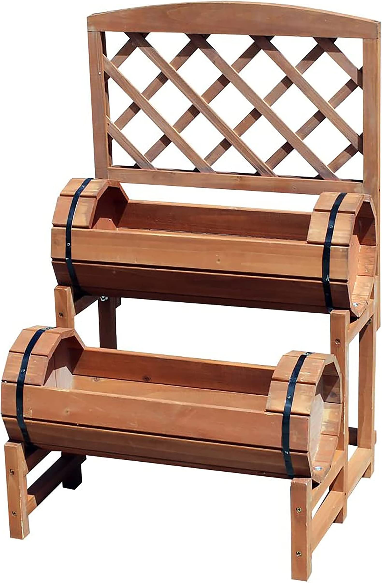 HMWD Wooden Garden Twin Barrel Planter With Trellis, Outdoor Patio Double Barrel Plant Stand, Gardening Accessories Flower/Plant Pots For Growing/Climbing Plants - H37 x W63 x D63 cm