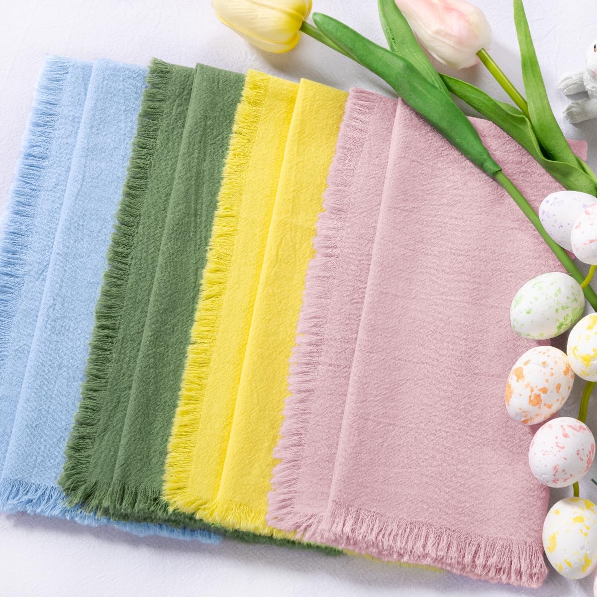 DeZerlor 12 Pack Easter Color Cotton Linen Napkins with Fringe Easter Summer Cloth Napkins Set of 12 Boho Handmade Dinner Napkins Bulk for Wedding Bridal Baby Boy Shower Parties, 17 x 17