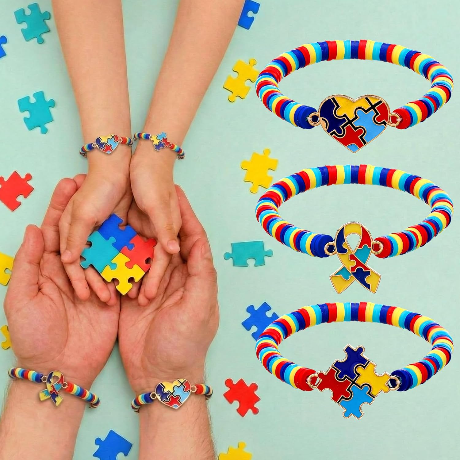 24 Pcs Autism Awareness Clay Bead Bracelets Bulk Colorful Puzzle Pieces Inspirational Jewelry Accessories for Autism Awareness Party Favors Gift Supplies - Image 5