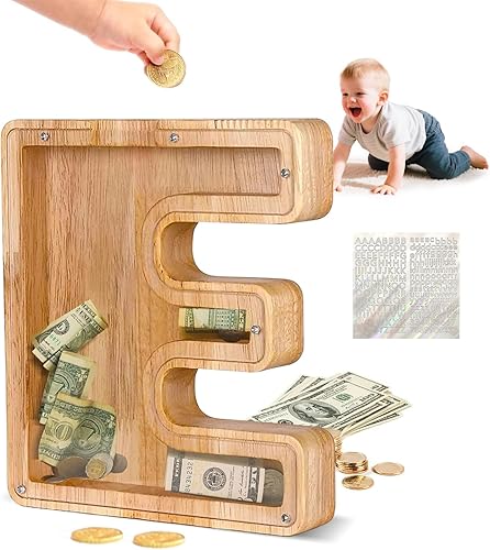 Miniatura 28 de Alcancía de madera con letras de madera, alcancía para niños y niñas, grande, 26 alfabetos, banco de dinero con nombre personalizado transparente