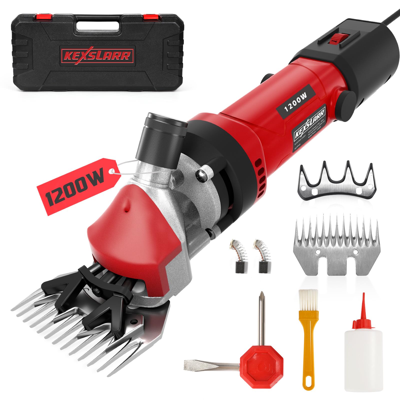 1200W High-Power Schafschermaschine, 6 Geschwindigkeiten, 3200 U/min, elektrische Schafschere mit 13-Zahn-Klinge, Set im Koffer, für Schafe, Alpakas, Ziegen (Rot)