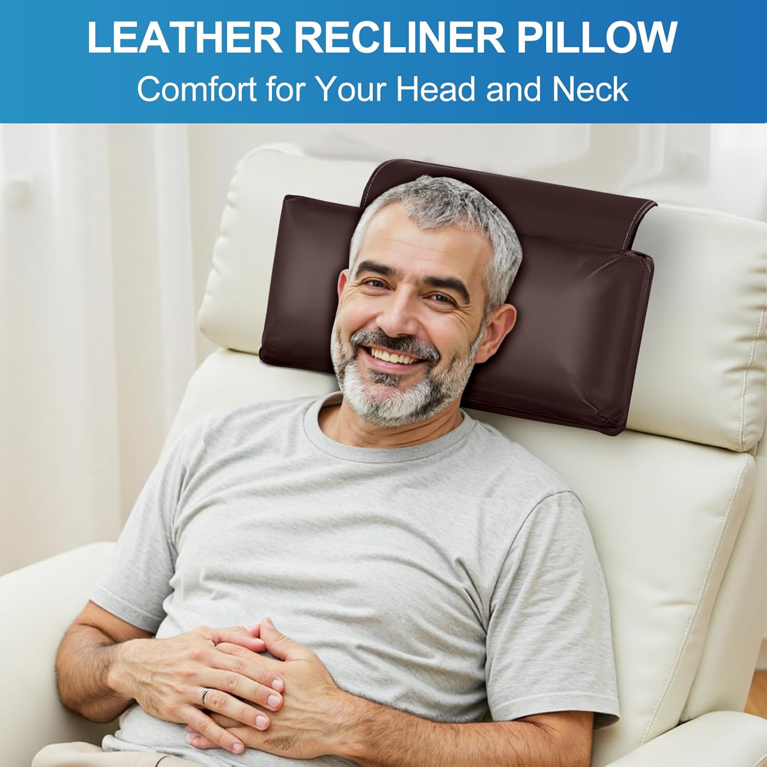 Leather Recliner Pillow, Adjustable Neck & Head Support Pillow, Pu Leather Non-Slip Headrest for Recliner Chair, Couch, Office Chair, Sofa - Image 2