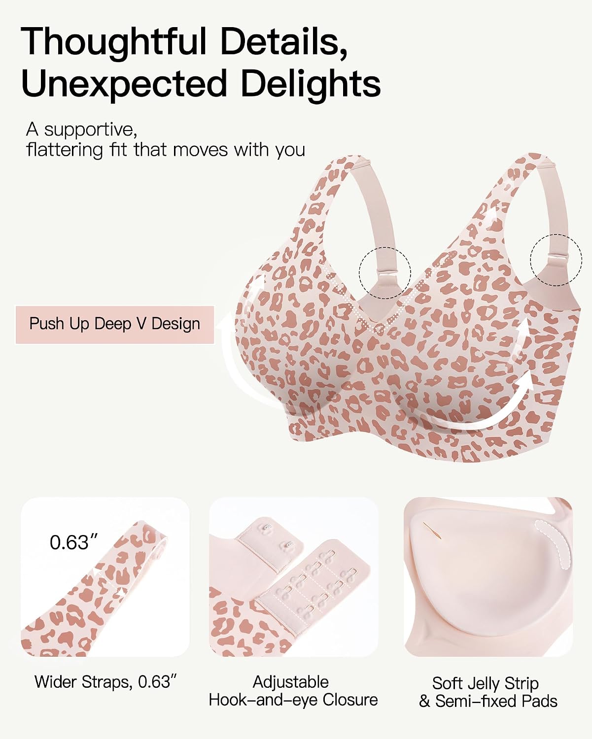 Women’s Deep V Jelly Wireless Bras, Gel Seamless Comfortable Plunge Bralette, No Underwire Push Up T-Shirt Bra