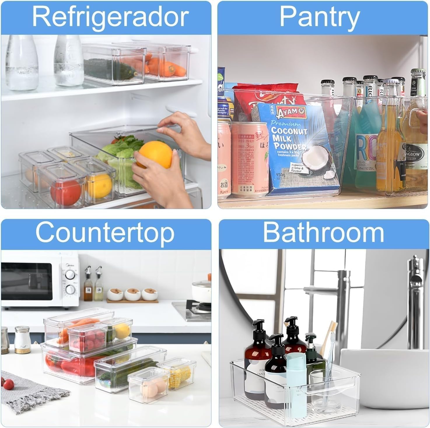 KUMD paquete de 10 Organizador Nevera, contenedores apilables con tapa, transparentes y sin BPA para guardar frutas, verduras, alimentos y bebidas.