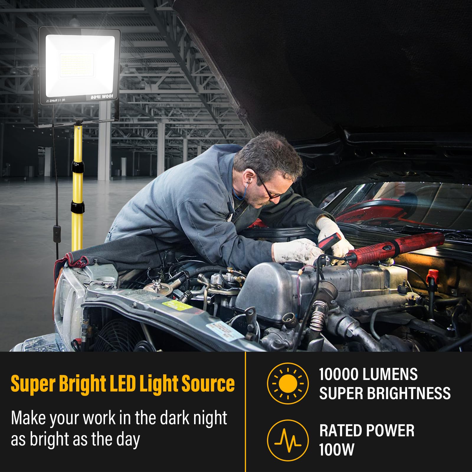 SKYWORLD Foco LED 100 W, trípode, 10000 lm, resistente al agua, para taller, construcción, garaje, jardín