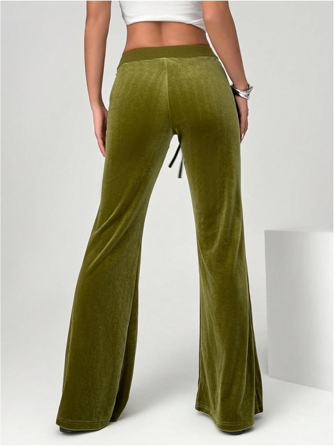 SOLY HUX Women's Drawstring Waist Bell Bottom Velvet Pants Y2k Vintage Flare Leg Trousers - Image 2