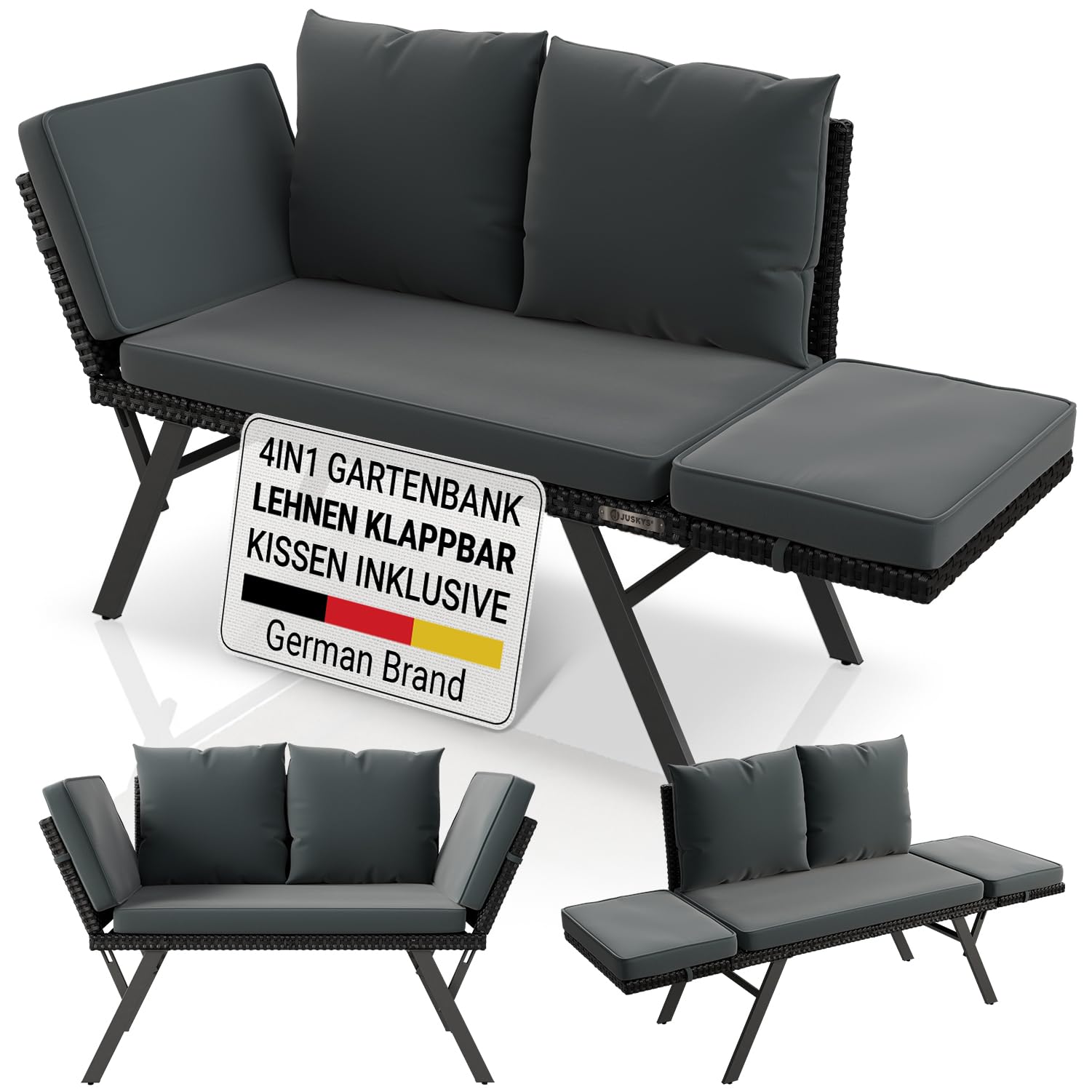 Juskys Gartenbank Calvia bis zu 3 Personen | Sitzen oder liegen im Freien | klappbare Polyrattan Multifunktionsbank & Sonnenliege | Gartensofa Outdoor wetterfest | bis 240 kg für Balkon und Terrasse