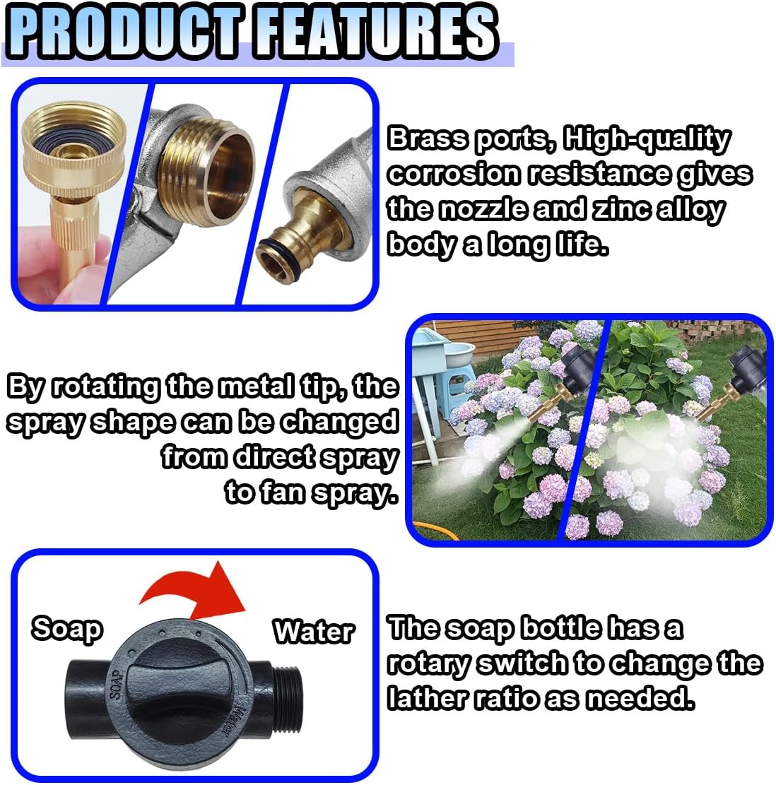 Car Wash Foam Gun Sprayer, Adjustable Metal High-Pressure Spray Hose Nozzle with 3.5oz/100cc Plastic Soap Dispenser Bottle, Fit Car Washing, Watering Plants, Floor Cleaning (Silvery)