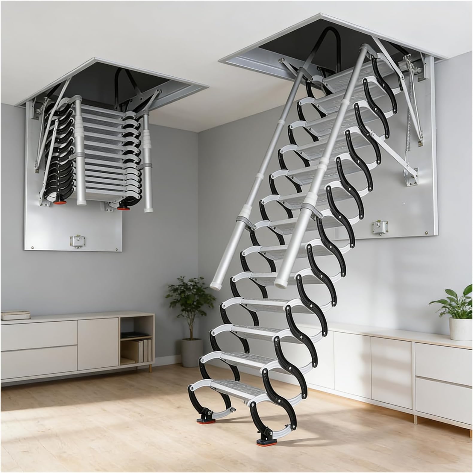 Attic Ladder with 660 lb Capacity - Ceiling-Mounted Retractable Folding Stairs with Handrail, 12 Steps, Fits 8.8-9.8 ft Ceilings (31.5x39.4 inch Opening)
