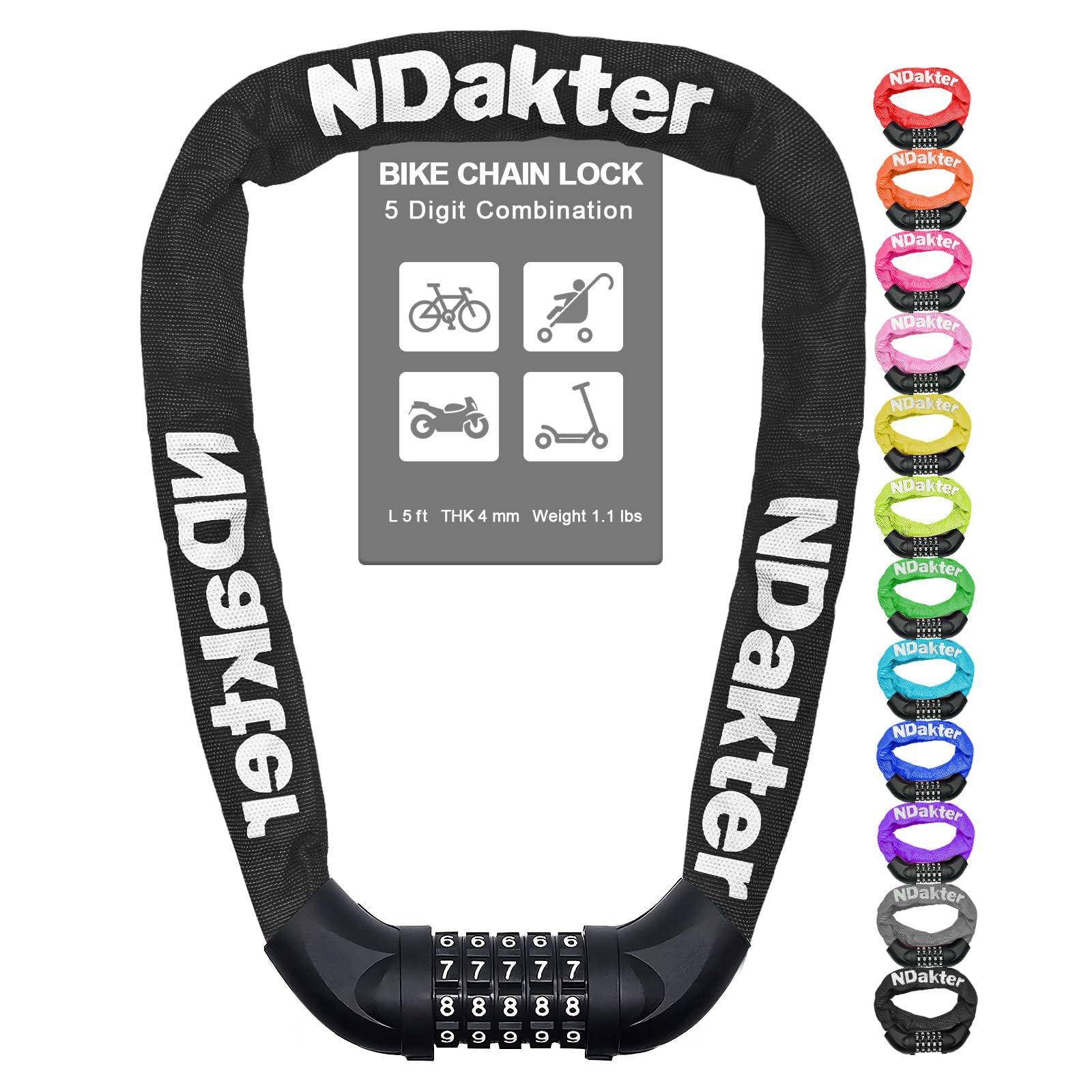 NDakter Bike Lock, 5 Digit Combination Heavy Duty Anti Theft Bicycle Chain Lock, 2.62/3.2/4.27/5/6Ft Long, High Security Resettable, Suitable for Bike, Scooter, Door, Gate, Fence-4/6mm Thick