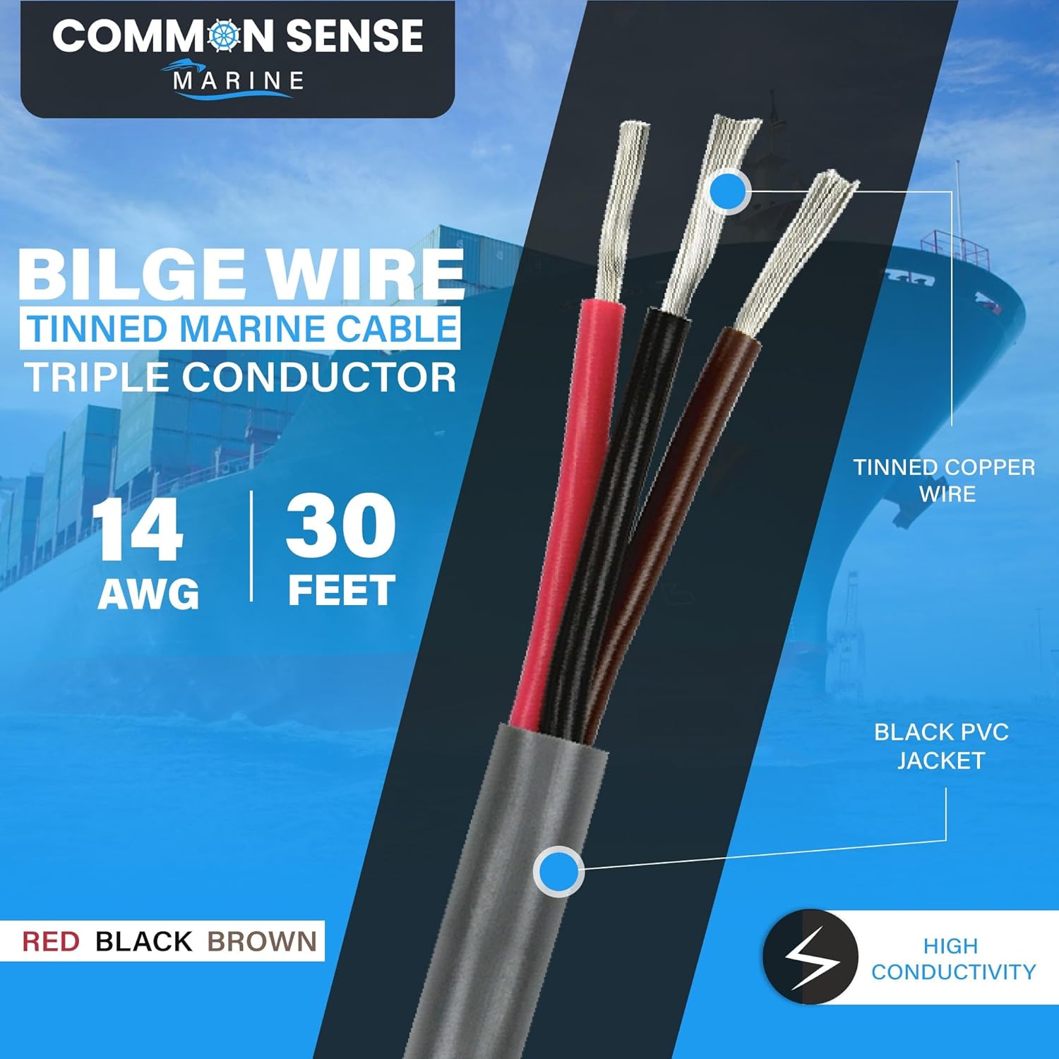 14 Gauge 3 Conductor Triplex Marine Grade Wire - 30 ft Tinned Copper Oxygen-Free Insulated - PVC, Boat, Automotive, Speakers, Camper & Trailers