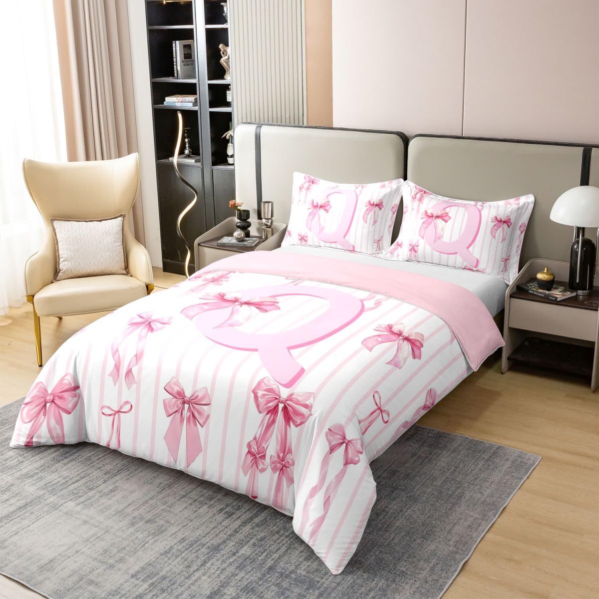 Homewish Różowa marzycielska kokarda podwójna pościel inicjał litera monogram bawełna poszewka na kołdrę zestaw uroczy kawaii kokarda poszewka na kołdrę romantyczna dziewczęca zestawy łóżek