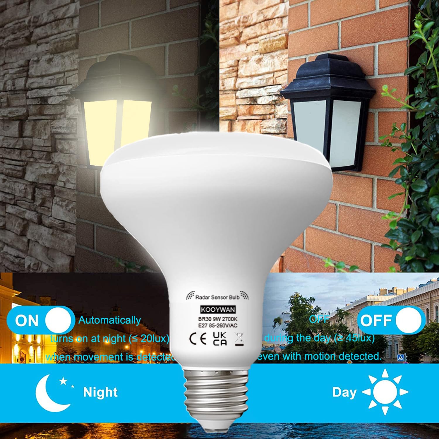 Lampadina a LED con sensore di movimento, luce bianca calda E27 9W Sensore di scarsa crepuscolare Bianco caldo 2700K Auto On/Off lampadine per Veranda Giardino Porta d'ingresso Corridoio, 2 Pezzis