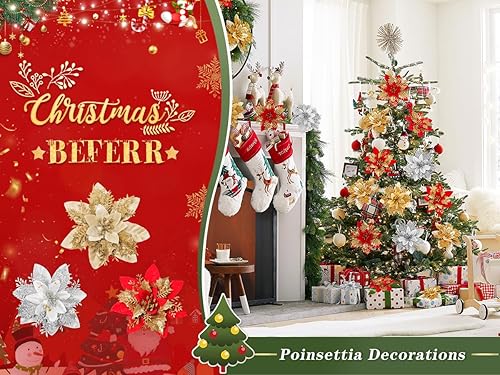 Miniatura 6 de Beferr Decoración para árbol de Navidad, 18 piezas de flores de Pascua artificiales de 5.5 pulgadas, palillos de flores de Navidad con clips,