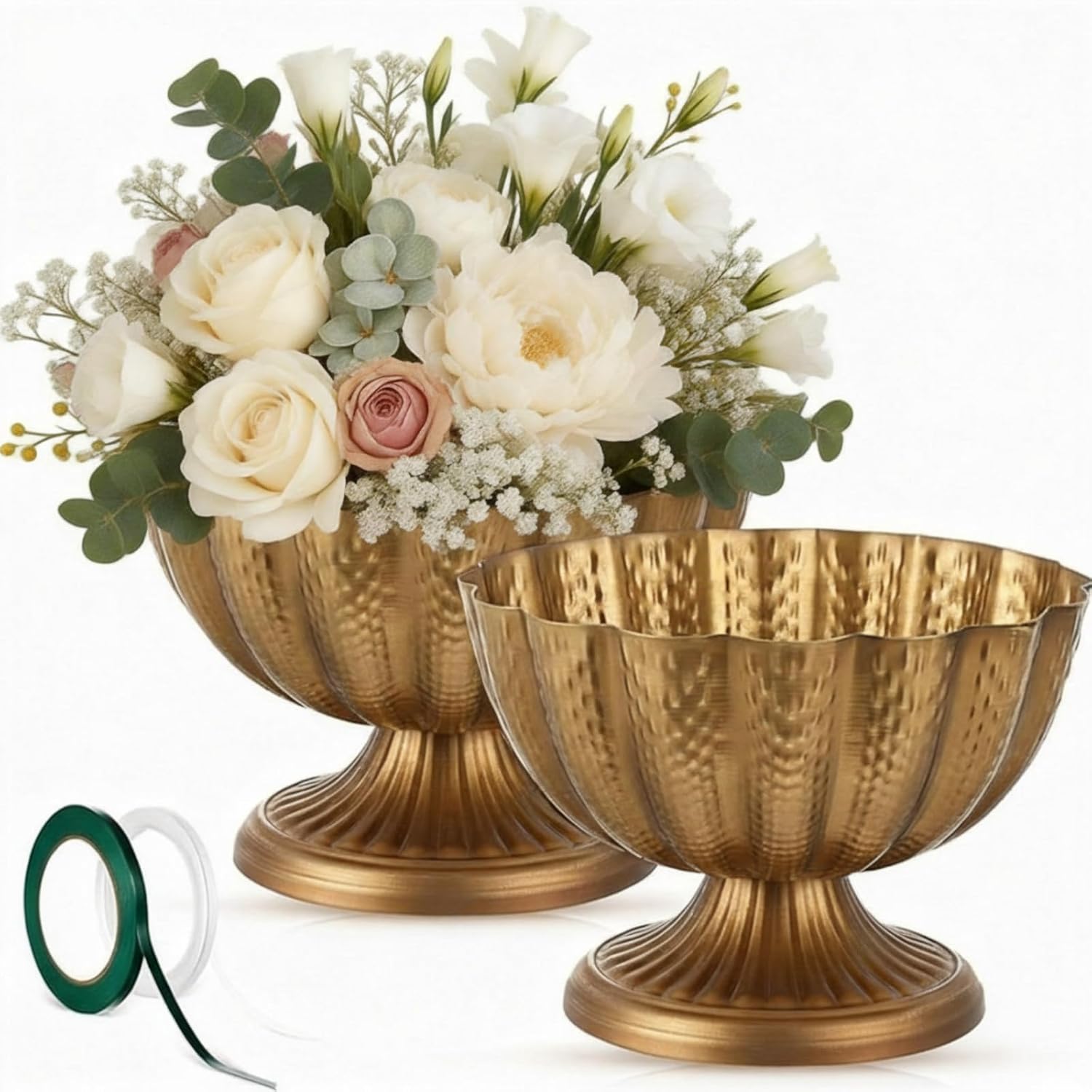 2 Pcs Large 9 Inch Compote Vase for Centerpiece Flower Holder Metal Compote Bowl Indoor Outdoor Flowers Fruits Plant for Wedding Party Decoration Christmas Home (Gold Bronze)