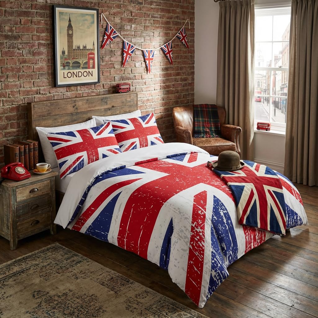 Adam Home 3D Digital Printed Union Jack Duvet Cover Set With Pillowcases Home Bedroom Décor Microfiber Superking Bedding Set Made in UK |Vintage Style Union Jack