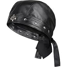 Leather Skull Cap - Adjustable Black Biker Skull Cap, Motorcycle Leather Hat Doo Rag Bandana