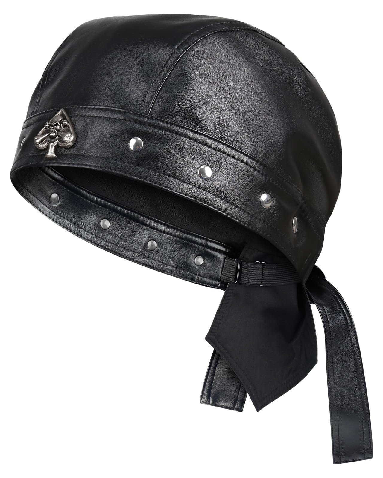 NTAWYT Leather Skull Cap - Adjustable Black Biker Skull Cap Motorcycle Leather Hat Doo Rag Bandana