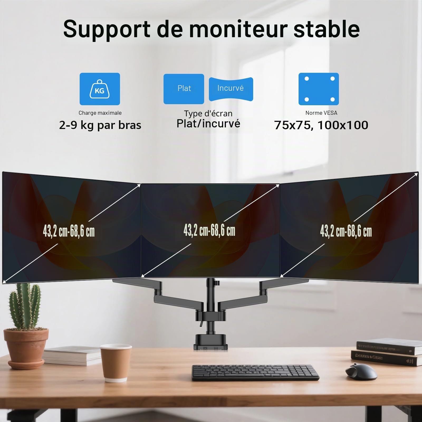 Wiltec Support TV Triple pour 3 Écrans 17"-27" – Fixation sur Bureau orientable +45°-45° et inclinable +90°-90° – capacité de Charge 9 kg – Support télé